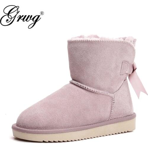 GRWG New Fashion Women Warm Snow Boots Winter Boots 100% Genuine Cowhide Leather Women Boots Ankle Shoes Size 35-44