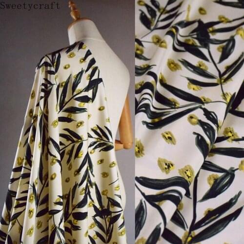 Leaf Printed Plain Satin Chiffon Fabric DIY Sewing Spring Summer Fashion Shirt Skirt Dress Womens Fabric Material Soft Cloth