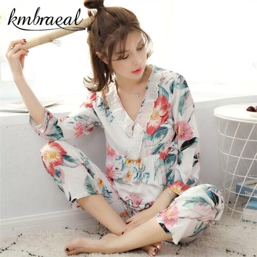 Pijamas for Women Female Pantsuit Silk Suit Long Sleeve Ice Pajama Thin Bud Silk Sleeping Home Suit Sleepwear Homewear Plus Size