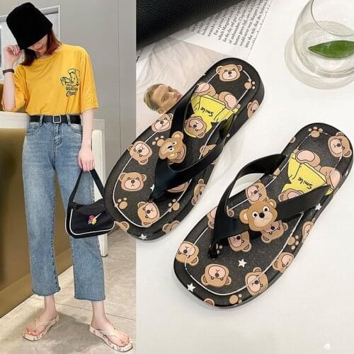 2021 Summer Fashion Flat with Cute Bear Women Slippers Soft Outdoor Beach Flip Flops Plus Size Shoes Bathroom Bedroom Slides