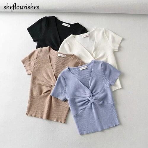 Knitted t shirt women sexy shirts casual short sleeve tees summer v neck top cute cross shirt ribbed black cropped t shirt white