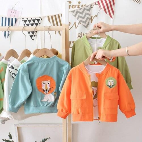 Spring Autumn Boys Jackets Stand-up Collar Outerwear Fashion Embroidered Lion Windbreaker Children Clothing 0-4 Years Kids Coats
