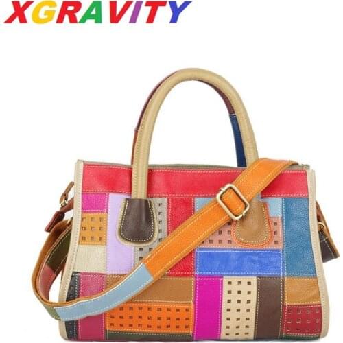 XGRAVITY Luxury Plaid Mix Color Fashion Square Ladies Tote Bags Elegant Cow Genuine Leather Shoulder Bags Cross-body Bags H370