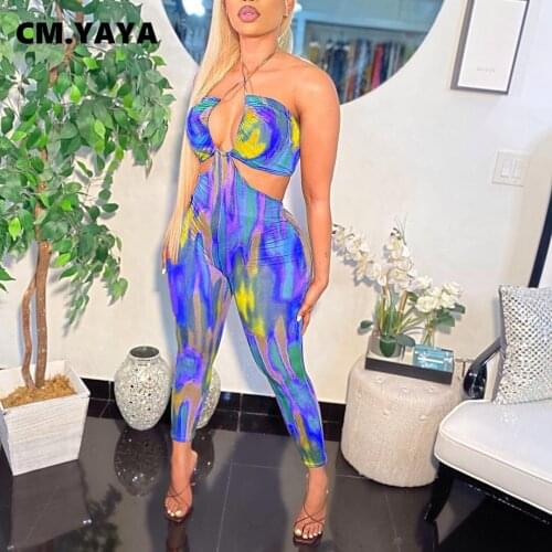 CM.YAYA Tie dye galaxy print cut out sexy jumpsuit for women sexy club night party beach romper outfits