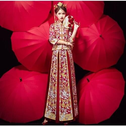 Female High Quality Red Chinese Traditional Wedding Dress Bride Cheongsam Slim Chinese Wedding Party Qipao