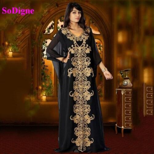 SoDigne kaftan Formal Evening Dress 2021 V Neck Gold Lace Appliques Muslim Arabic Evening Gown Custom Made