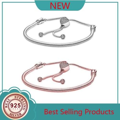 925 Sterling Silver Moments Heart Clasp Star Snake Chain Slider Pan Bracelet Woman Jewelry Gift