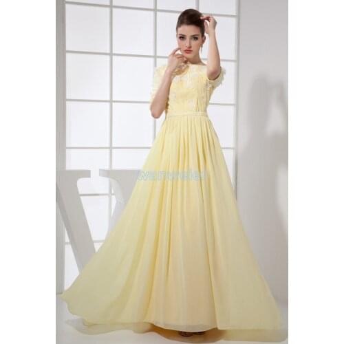 Free shipping hot sale long beach formal muslim evening gown custom made size/color half sleeve yellow mother of the bride dress