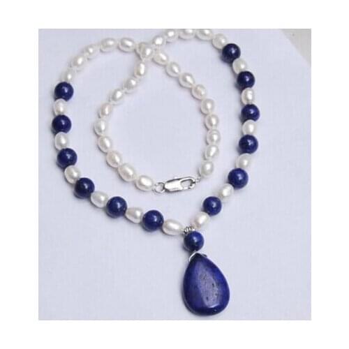 +++817 Natural 7-8MM White Akoya Pearl & Lapis Lazuli Pendant Necklace 18"