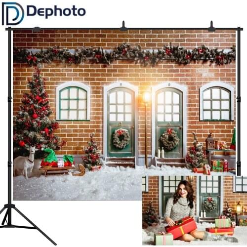 Dephoto Backdrops for Photography Red Brick Wall Door Windows Snow Ground Christmas Background for Photographic Studio Props