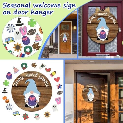 Gnome Door Hanger Seasonal Welcome Sign With Interchangeable Holiday Pieces For Front Door Porch Hanging Handmade Wall Decor
