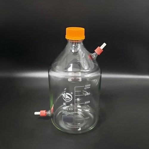 Reagent bottle,With yellow screw cover,upper and lower detachable small nozzle GL14mm,Borosilicate glass,3000ml,Plastic Lid