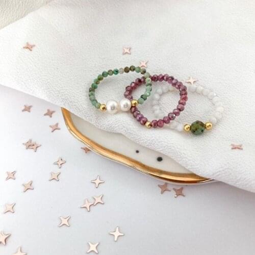 Handmade Irregular Faceted Natural Stone Beads Rings Round Shell Pearl Finger Rings for Women Girls Party Jewelry Adjustable