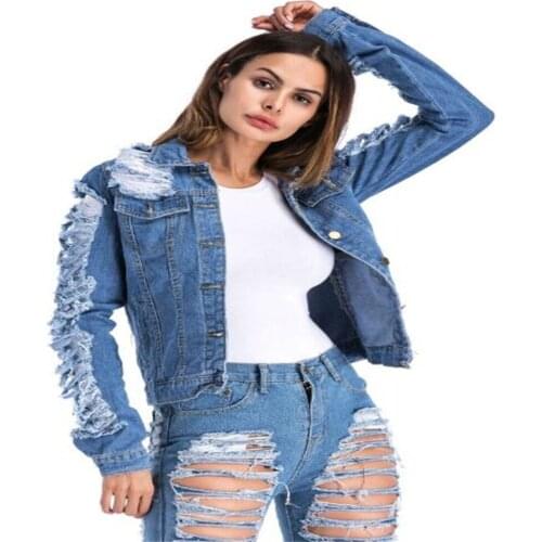 Korean Version Tear Wind Outerwear Women Cotton Lapel Broken Hole Single-Breasted Long Sleeve Vintage Loose Cowboy Jacket M-5XL