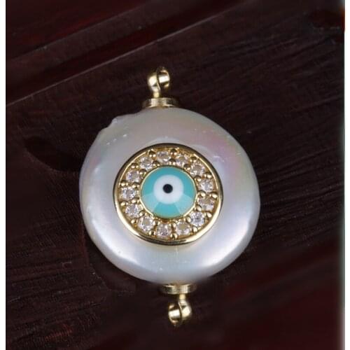Tiny gold white cz zircon paved evil eye blue eye protection charm real freshwater pearl connector pendant bead for jewelry DIY