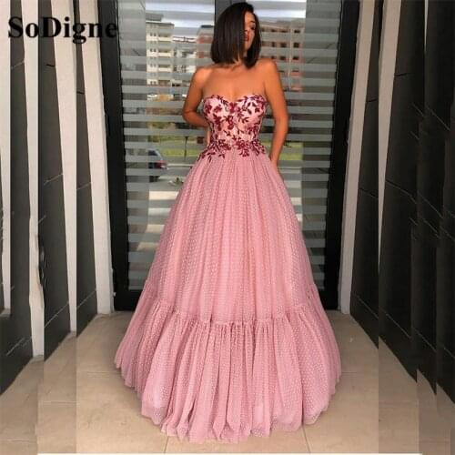 SoDigne Pink Prom Dresses Sweetheart A Line Lace Appliqued Cheap Evening Gowns Floor Length Formal Party Occasion Dress