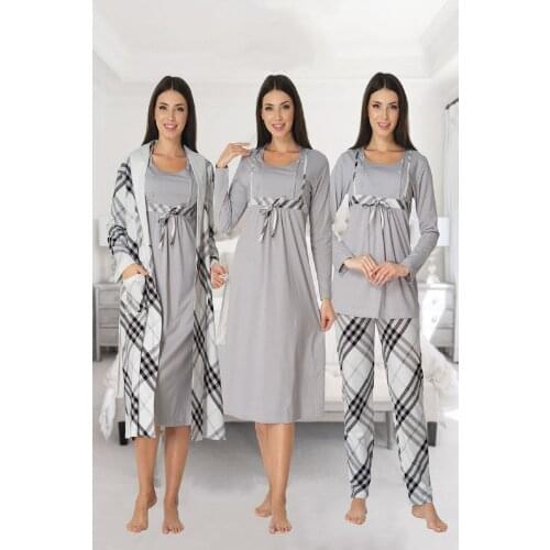 Lohusa Dünyasi Women Plaid Long Sleeve Nightgown Pajamas Set 4-Piece Gray Red Gray Navy Blue Pink Blue