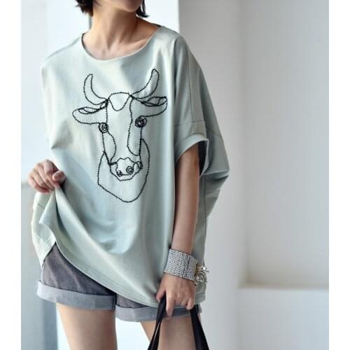 MICOCO T6052C Literary leisure simple design nail bead embroidered loose bat sleeve round collar T-shirt