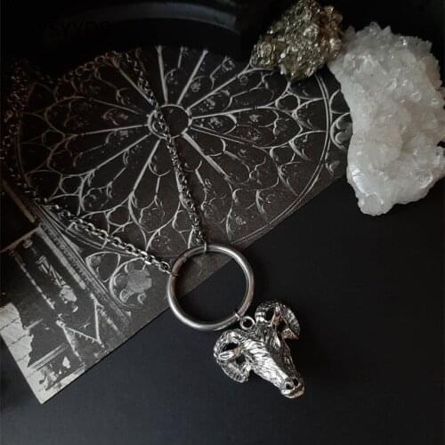 Gothic Baphomet Goat O Ring Necklace Witchy Warior Pagan Viking Alternative Goth Medieval Pendant Jewelry Long Classical Gift