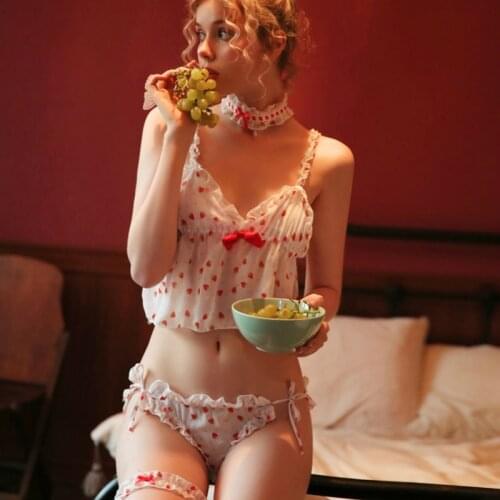 Japanese Kawaii Lolita Pajama Sets Cute Cosplay Maid Costume Sweet Strawberry Lingerie Pyjamas Women Tops Thong Leg Ring Collar