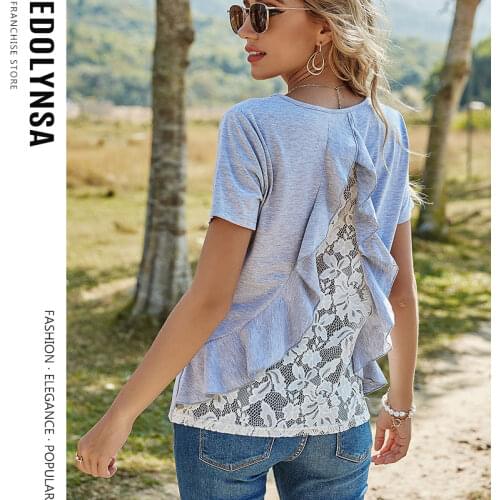 Casual O-neck Top Lace Hollow Out Short-Sleeved T-Shirt Cross Back Blouse Female Solid Color Pullover 2021 New Ladies Top Y91