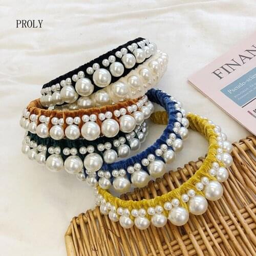 PROLY New Fashion Pearls Hairband Women Handmade Headwear Adult Casual Wrinkled Velvet Headband Top Quality Baroque Hair Hoop