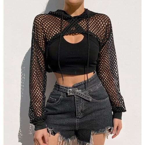 Sexy Black Mesh Fishnet Top Womens Tshirt See Through Smock Long Sleeve T-shirts Cropped Top Tee Shirt Streetwear 2021