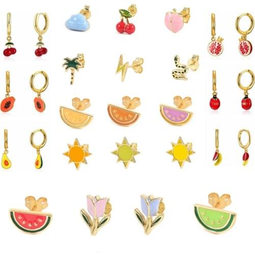 CANNER 925 Silver Fashion Enamel Fruit Lightning Hoop Earrings for Women Color Huggie Earring Piercing Earings Jewelry Gifts