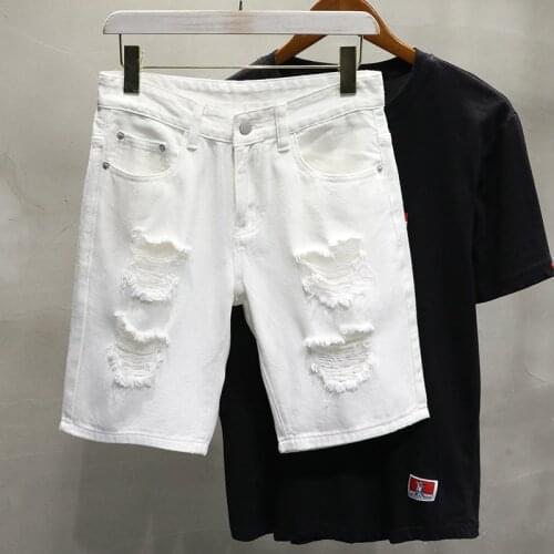 Men Clothing Summer Ripped Hole White Black Khaki Jeans Shorts Straight Casual Comfortable Streetwear Cargo Pants Short Bermuda