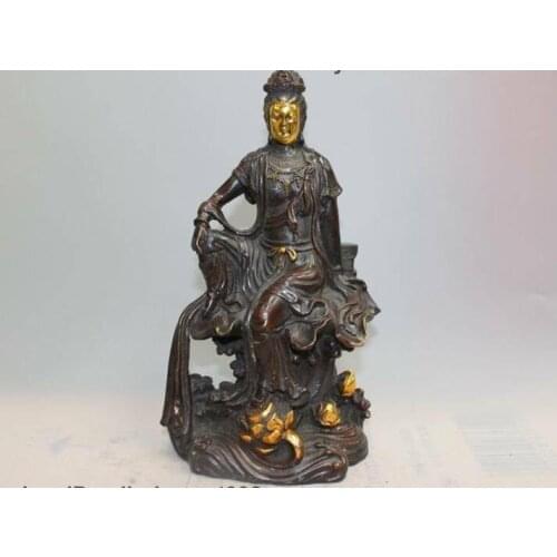 10" China Tibet buddhism bronze lotus Kwan-Yin GuanYin goddess buddha statue