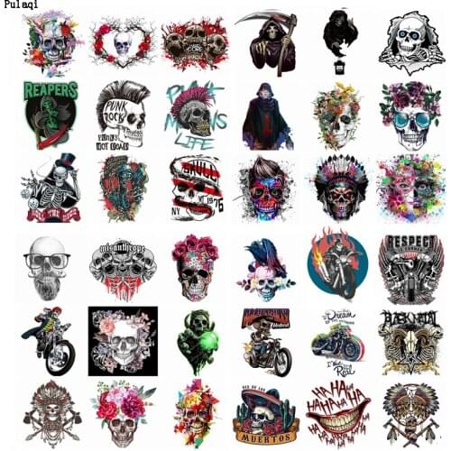 Pulaqi Iron On Transfer Vinyl Punk Skull Heat Transfer Patches For Clothes Stripe PVC Patches Stickers Stranger Things Appliques