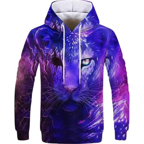2019 Animal print hooded Sweatshirts Purple green yellow Lion head 3D Hoodie Female Male Autumn Pullover Loose Tracksuit