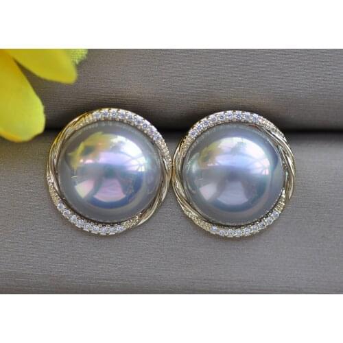 Z10661 Luster 16mm Blue South Sea Shell Mabe Pearl Earring CZ