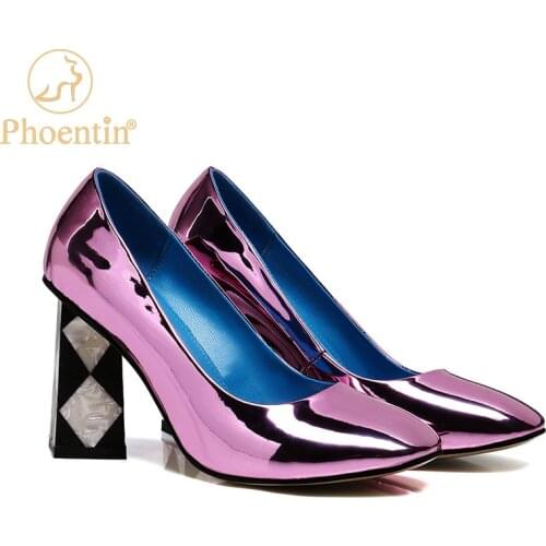 Phoentin fuchsia womens shoes Diamond heel 2020 shallow heeled sandals square toe pumps black footwear female big size FT922