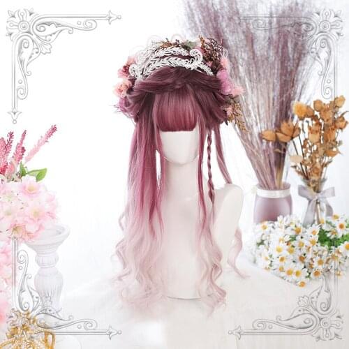 Female Long Wavy Slight Curly Red Pink Gradual Change Bangs Wig Women Wigs Lolita Cosplay Party