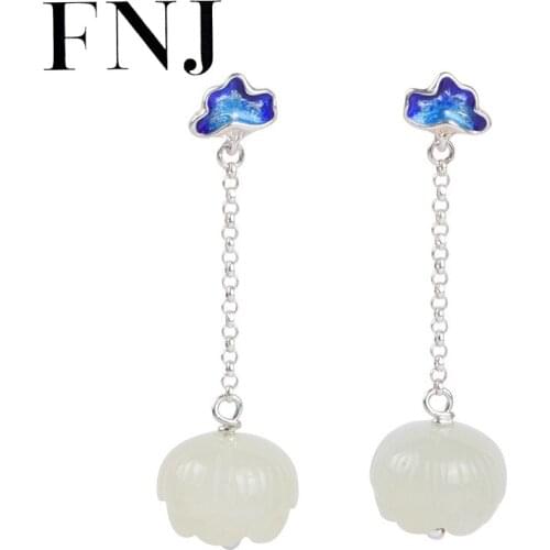 FNJ 925 Silver Earrings Original S925 Sterling Silver Drop Earring for Women Jewelry Natural Hetian Jade Cloisonne Lotus