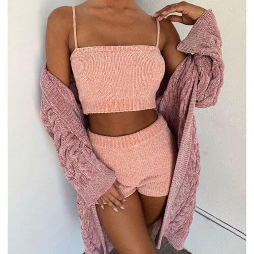 Autumn 2Pcs Set Womens Knitted Cami Tops High Waist Shorts Suit Fashion Solid Color Pullover Top Elastic Waist Shorts 2Piece Set