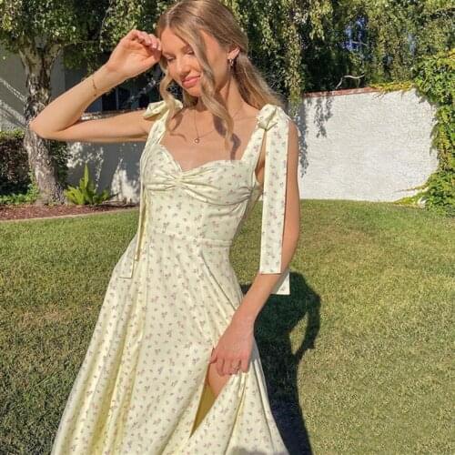 Summer Women Sleeveless Tie Up Bow StrapDress 2021 New Fresh And Sweet Elegant Comfortable Slit Midi Dress