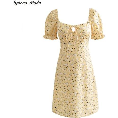 Splend Moda 2021 Summer French Prairie Chic Vintage Floral Slim Dress Printed Lace-up Square Collar A-line Dress Women Vestido