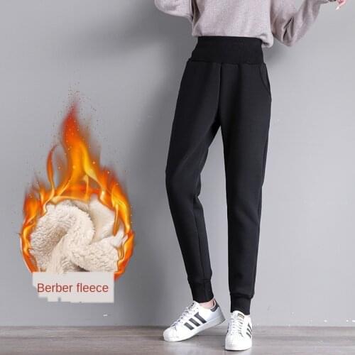 Winter Fleece Sweatpants Womens Lambskin Thickened Cotton Pants Loose Bundle Feet Warm Elastic Waist Harajuku Trousers Female