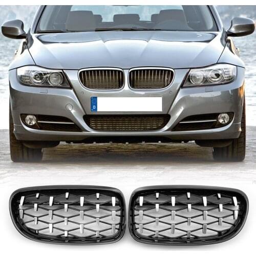 1 Pair Diamond Kidney Grille Replacement Chromed Black for BMW E90 E91 Facelift Double Slat Sport Style Gloss Black