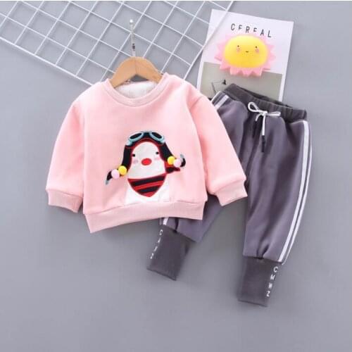 2020 Winter Kids Cloth Baby Cartoon Penguin Warm Clothing Sets Suits Baby Girls Thick T-shirt+Pants Outfits 2pcs/set Tracksuits