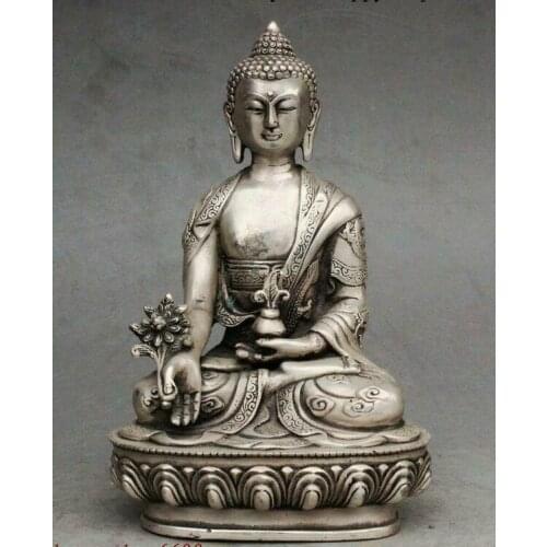 9" Tibet Fane Silver Menla Medicine Buddha Medical God Buddha Dragon Robe Statue