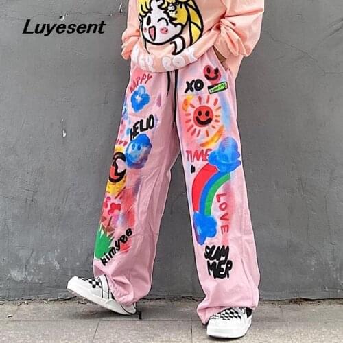 Pink White Girl Y2k Long Pants Lovely Cartoon Rainbow Sun Sweet Wide Leg Pant Draw String Pocket ELastic Waist Harjuku Trousers