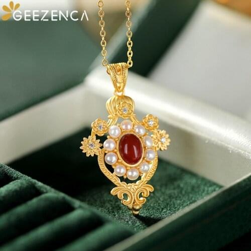 GEEZENCA 925 Sterling Silver Gold Plated Red Agate Pendant Necklace For Women Hollow Craft Pearl Zircon Court Style Necklaces