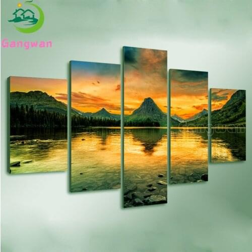 Full square round drill diy 5d diamond painting sunset mountain lake scenery diamond mosaic cross stitch diamond embroidery 5pcs