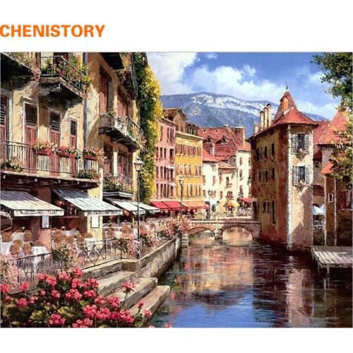 CHENISTORY Waterside Town DIY Painting By Numbers Picture Wall Art Hand Painted Oil Painting Scenery Home Decoration 40x50cm
