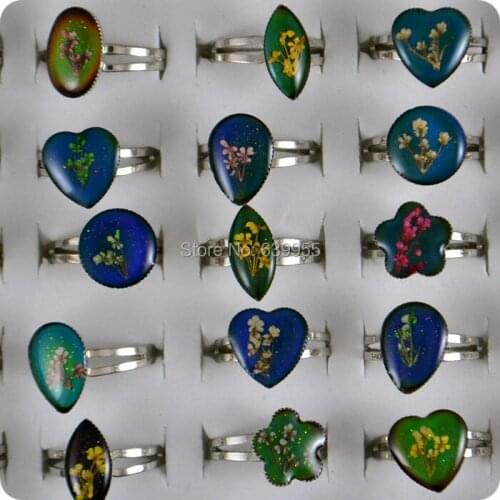 10x Mixed Design Dry Flower Mood Ring Temperature Changing Emotion Feeling Band Ring Color Changable Fashion Jewelry