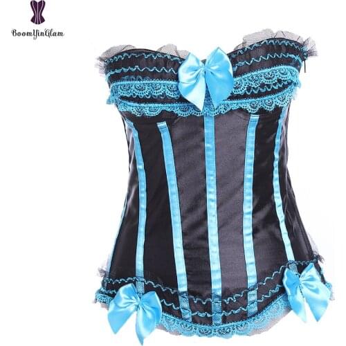 Striped Corset Satin Overbust Korset Lace Up Bow Bustier Plastic Boned Waist Slimming Side Zipper Corselet