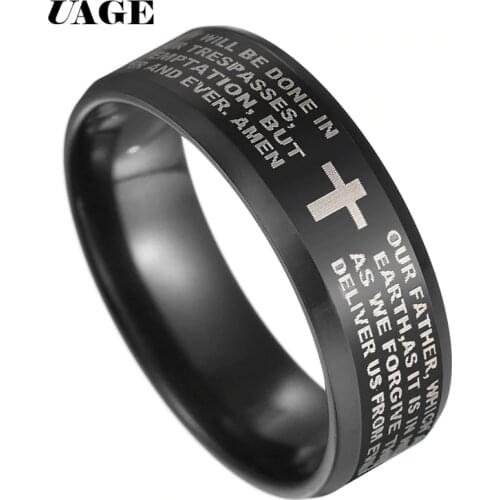 UAGE Fashion Scripture Cross Bible Text Jesus Tattoo Men Ring Rings For Women Titanium Steel Jewelry Gift